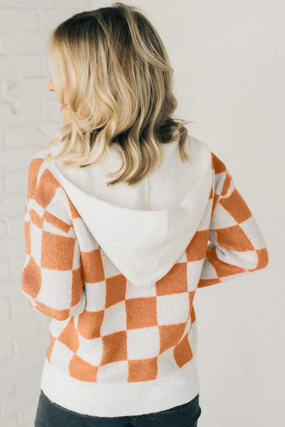 Sweaters & Cardigans/Sweaters Gold Flame Checkered Split Neck Contrast Kangaroo Pocket Hooded Sweater