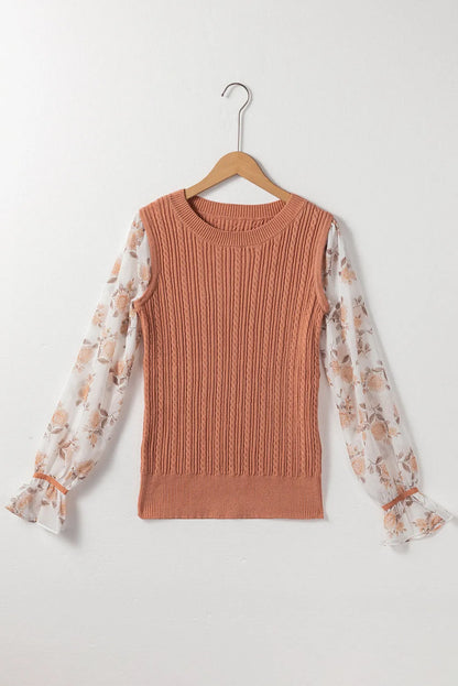 Golden Floral Patchwork Ruffled Cuff Cable Knit Sweater - Chic Meadow Boutique 