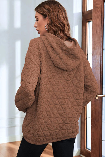 Coffee Solid Color Quilted Kangaroo Pocket Hoodie - Chic Meadow Boutique 