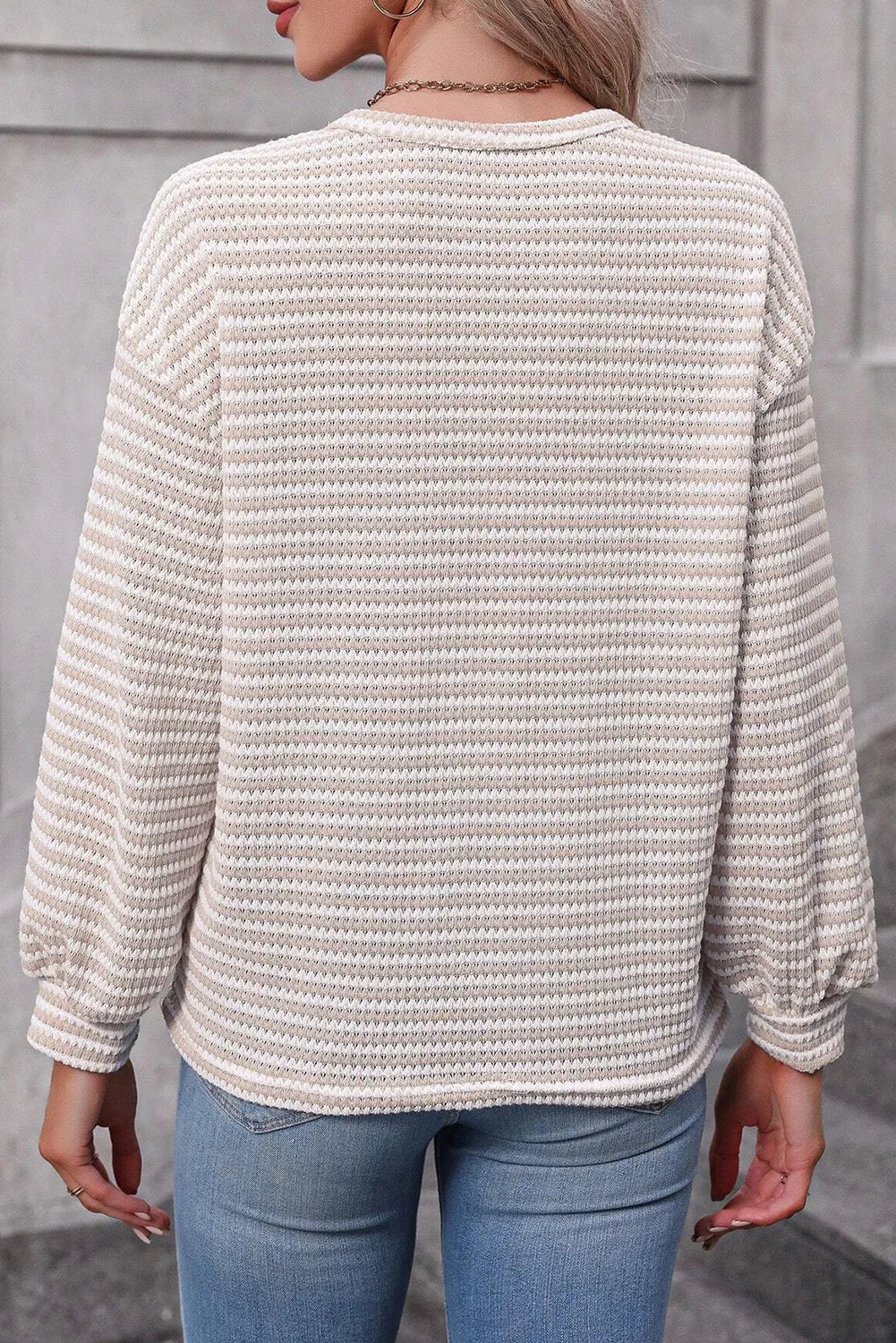 Khaki Stripe Round Neck Drop Shoulder Long Sleeve Top - Chic Meadow Boutique 