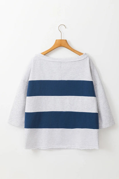 Sail Blue Colorblock Striped Patchwork Raw Seamed Sweatshirt - Chic Meadow Boutique 