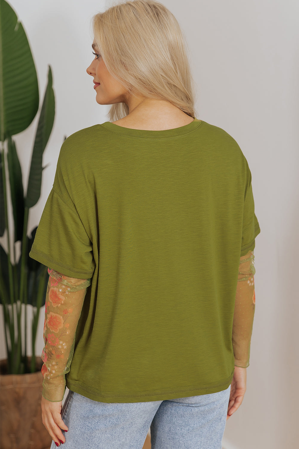 Fern Green Faux Two Piece Floral Long Sleeve Patchwork Tee