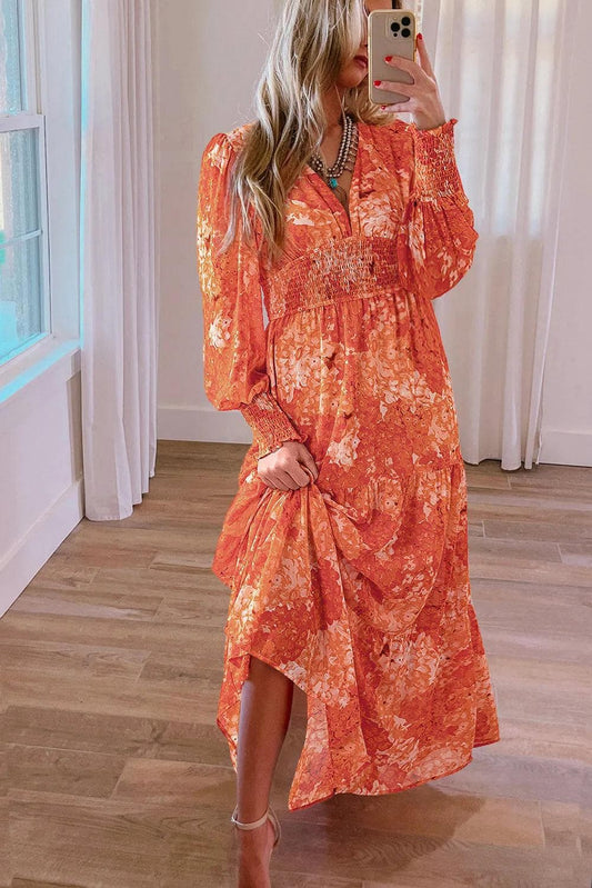 Dresses/Maxi Dresses Orange / S / 100%Polyester Orange Boho Floral Bishop Sleeve V Neck Tiered Maxi Dress