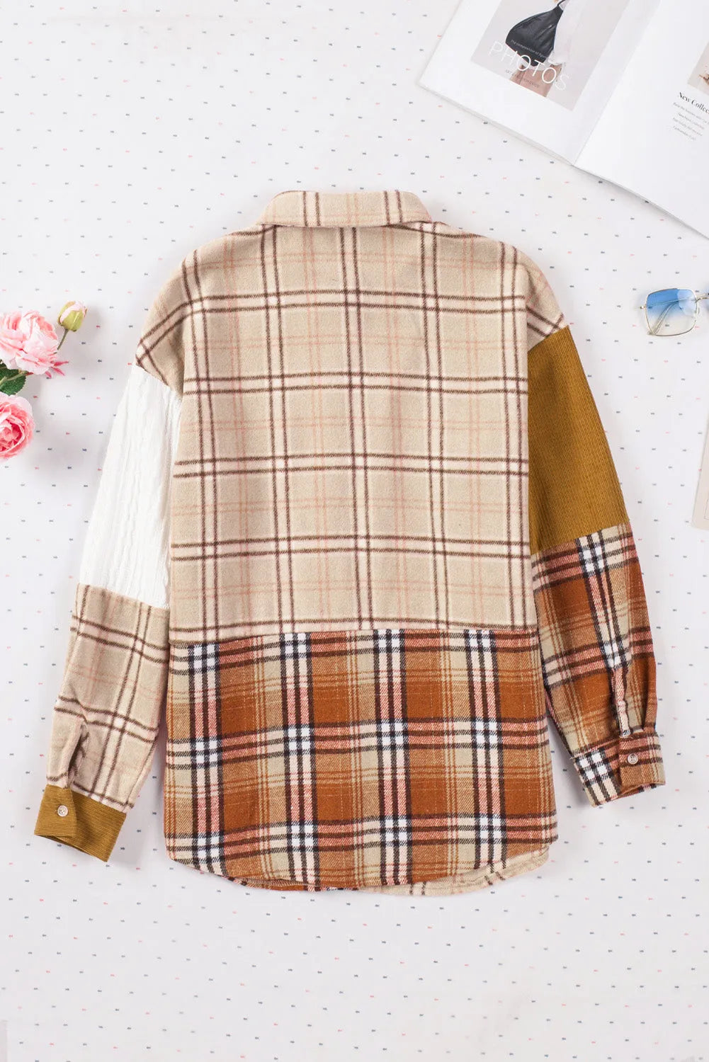 Orange Plaid Color Block Patchwork Shirt Jacket with Pocket - Chic Meadow Boutique 