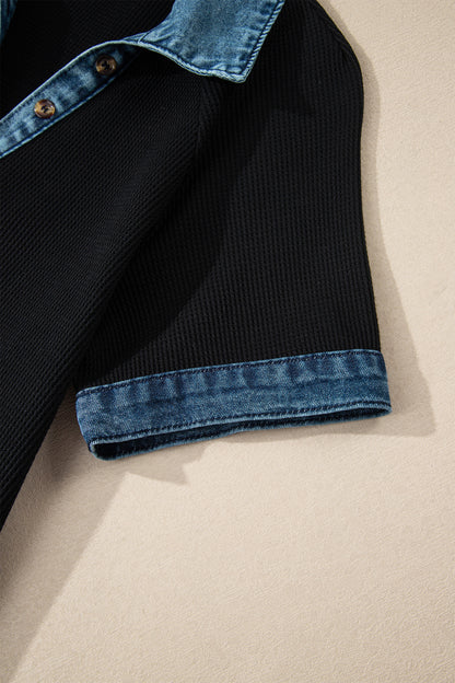 Black Waffle Knit Denim Contrast Trim Patchwork Button Polo Tee Dress