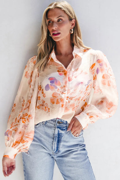 White Floral Print Collared Balloon Sleeve Loose Shirt - Chic Meadow Boutique 