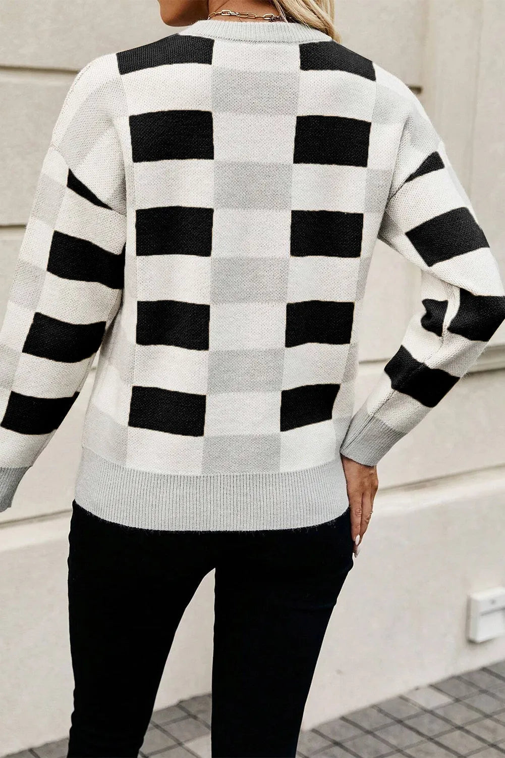 Black Checkered Ribbed Edge O Neck Drop Shoulder Sweater - Chic Meadow Boutique 