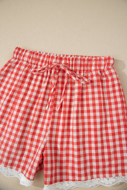 Red Gingham Plaid Tie Elastic Waist Lace Patchwork Hem Casual Shorts