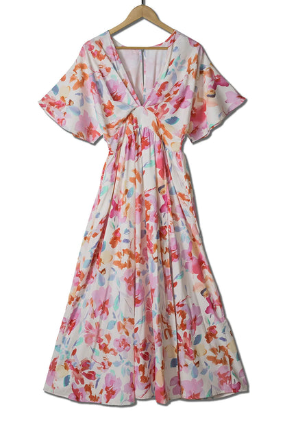 Multicolor Tropical Floral Print Ruched V Neck Maxi Dress - Chic Meadow Boutique 