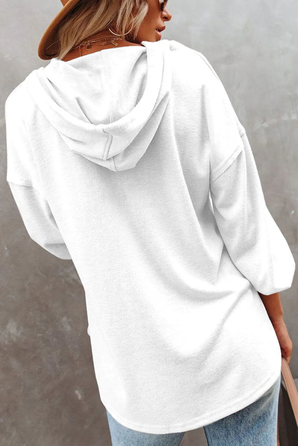 White Buttoned High and Low Hem Hoodie - Chic Meadow Boutique 