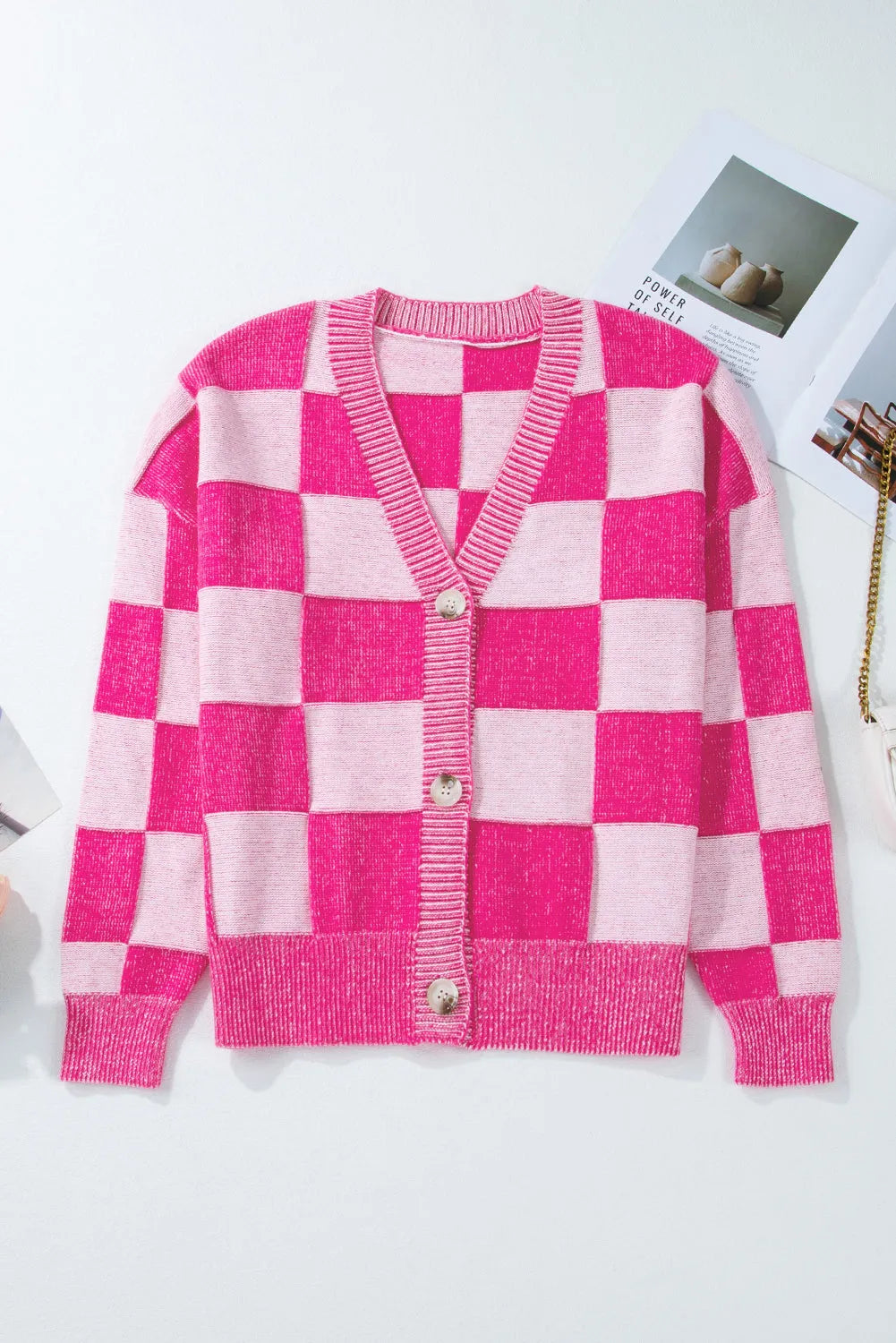 Pink Checkered Drop Shoulder Buttoned V Neck Cardigan - Chic Meadow Boutique 