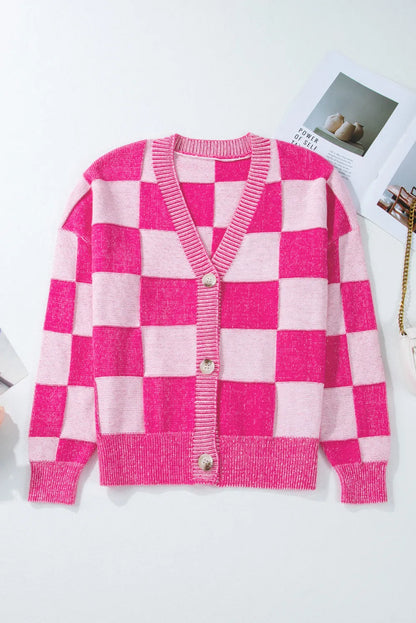 Pink Checkered Drop Shoulder Buttoned V Neck Cardigan - Chic Meadow Boutique 