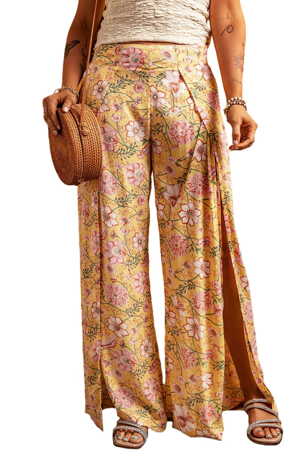 Yellow Floral Print High Slit Wide Leg Pants - Chic Meadow Boutique 