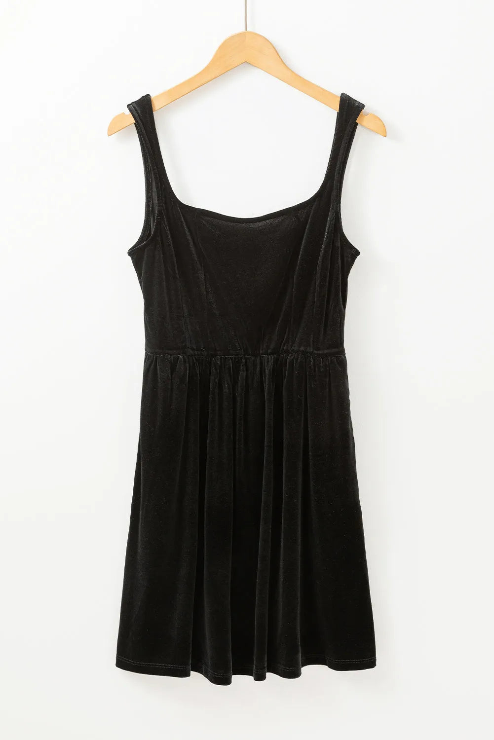 Black Velvet Square Neck Sleeveless High Waist Mini Dress with Pockets - Chic Meadow Boutique 