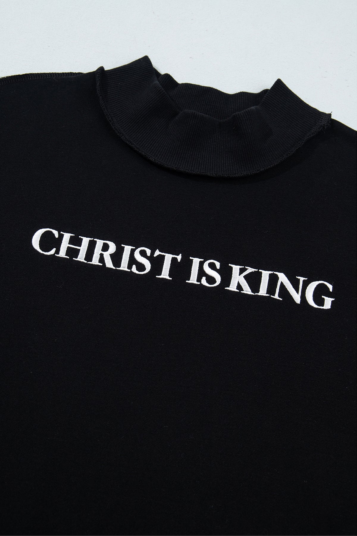 Black CHRIST IS KING Embroidery High Neck Baggy Sweatshirt