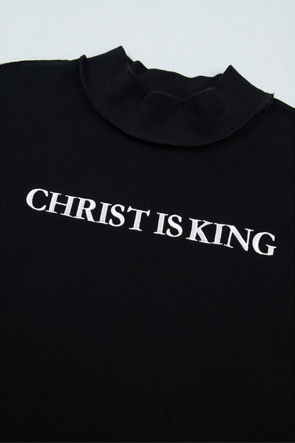 Black CHRIST IS KING Embroidery High Neck Baggy Sweatshirt