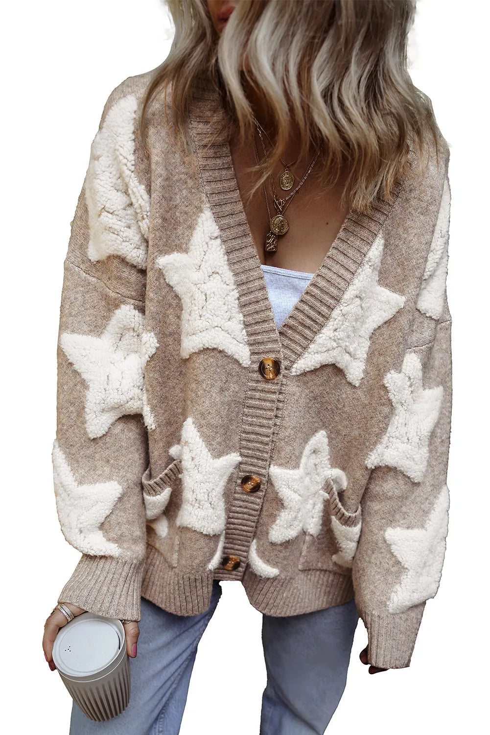 Khaki Sherpa Star Pattern Textured Sweater Cardigan with Pockets - Chic Meadow Boutique 