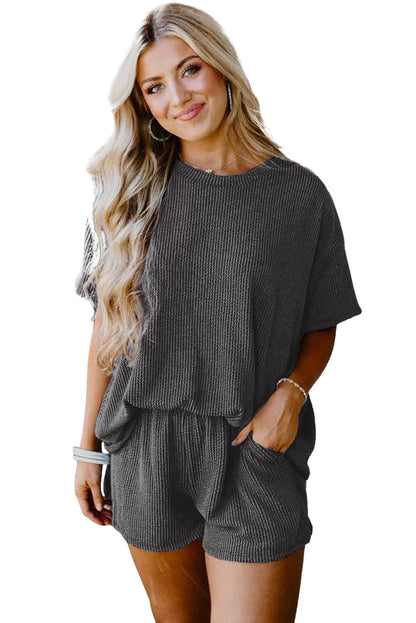 Carbon Grey Ribbed Textured Knit Loose Fit Tee and Shorts Set - Chic Meadow Boutique 