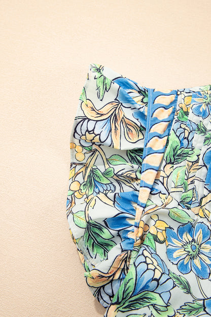 Spinach Green Botanical Floral Print Pleated Ruffle Detail Short Dress