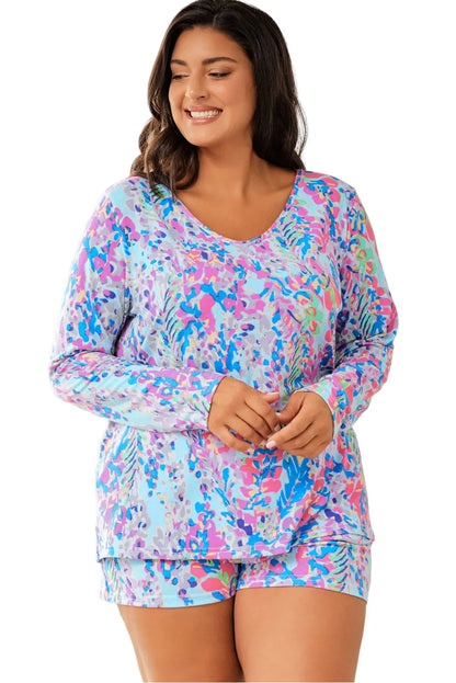 Sky Blue Plus Size Floral Print Long Sleeve and Shorts Lounge Outfit - Chic Meadow Boutique 