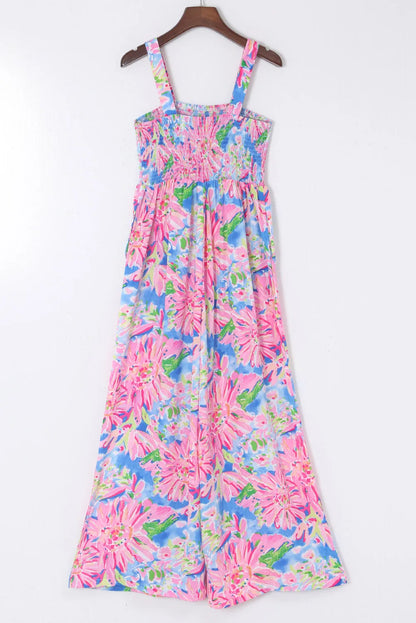 Pink Abstract Floral Painting Smocked Wide Leg Jumpsuit - Chic Meadow Boutique 