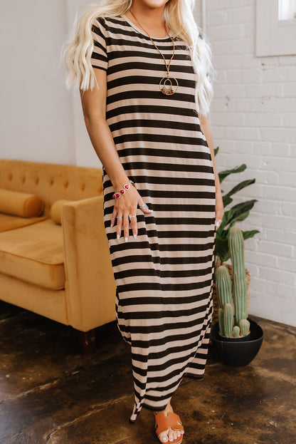 Black Stripe Casual Round Neck T-shirt Maxi Dress with Pockets