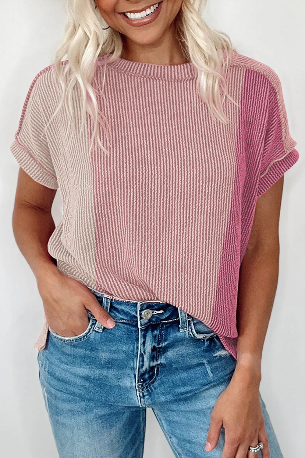 Pink Textured Colorblock Crew Neck T Shirt - Chic Meadow Boutique 