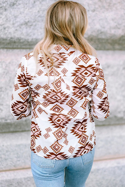 White Western Aztec Pattern Button Flap Pocket Shirt - Chic Meadow Boutique 