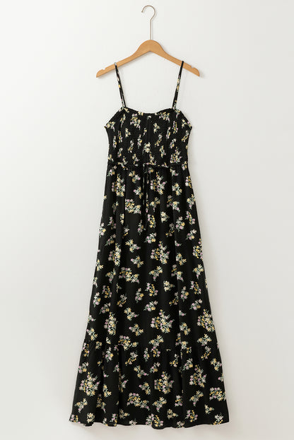 Black Floral Spaghetti Strap Shirred Bodice Tied Empire Waist Maxi Dress