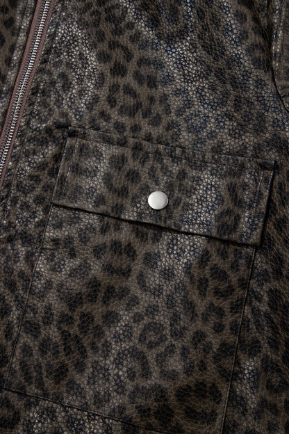 Multicolour Leopard Print Colorblock Collar Metal Placket Jacket
