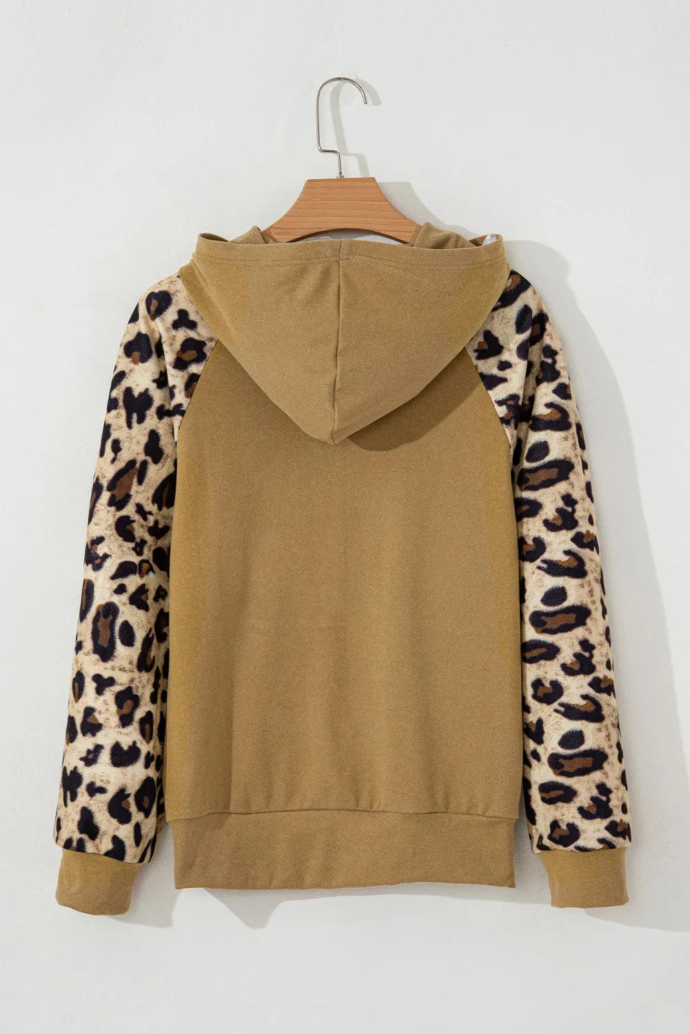 Tops/Sweatshirts & Hoodies Light French Beige Leopard Print Patchwork Raglan Sleeve Half Buttons Hoodie