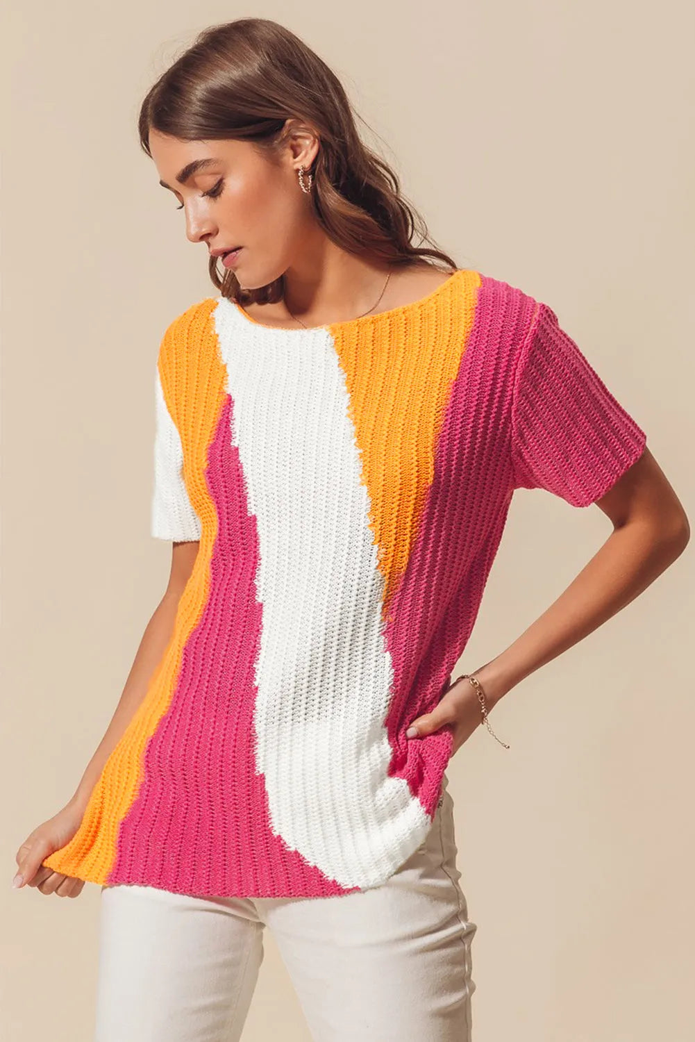 Orange Textured Knit Colorblock Short Sleeve Sweater - Chic Meadow Boutique 