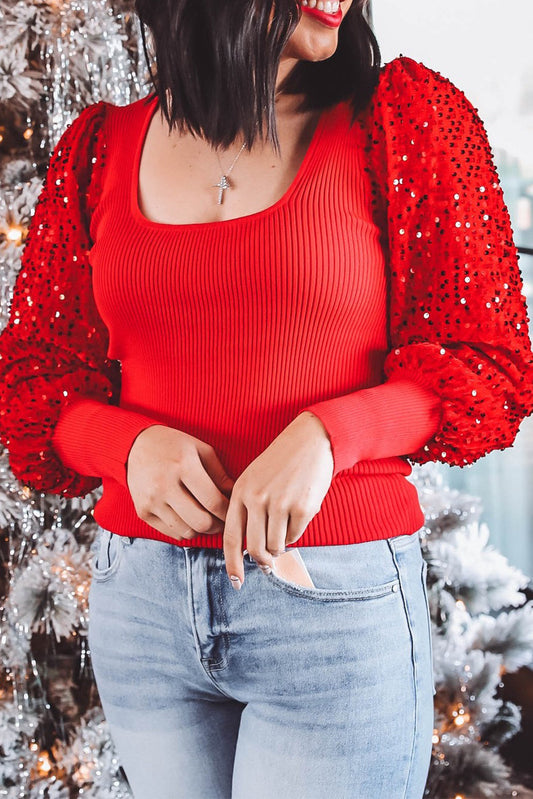 Fiery Red Sequin Sleeve Patchwork Ribbing Knit Square Neck Holiday Sweater