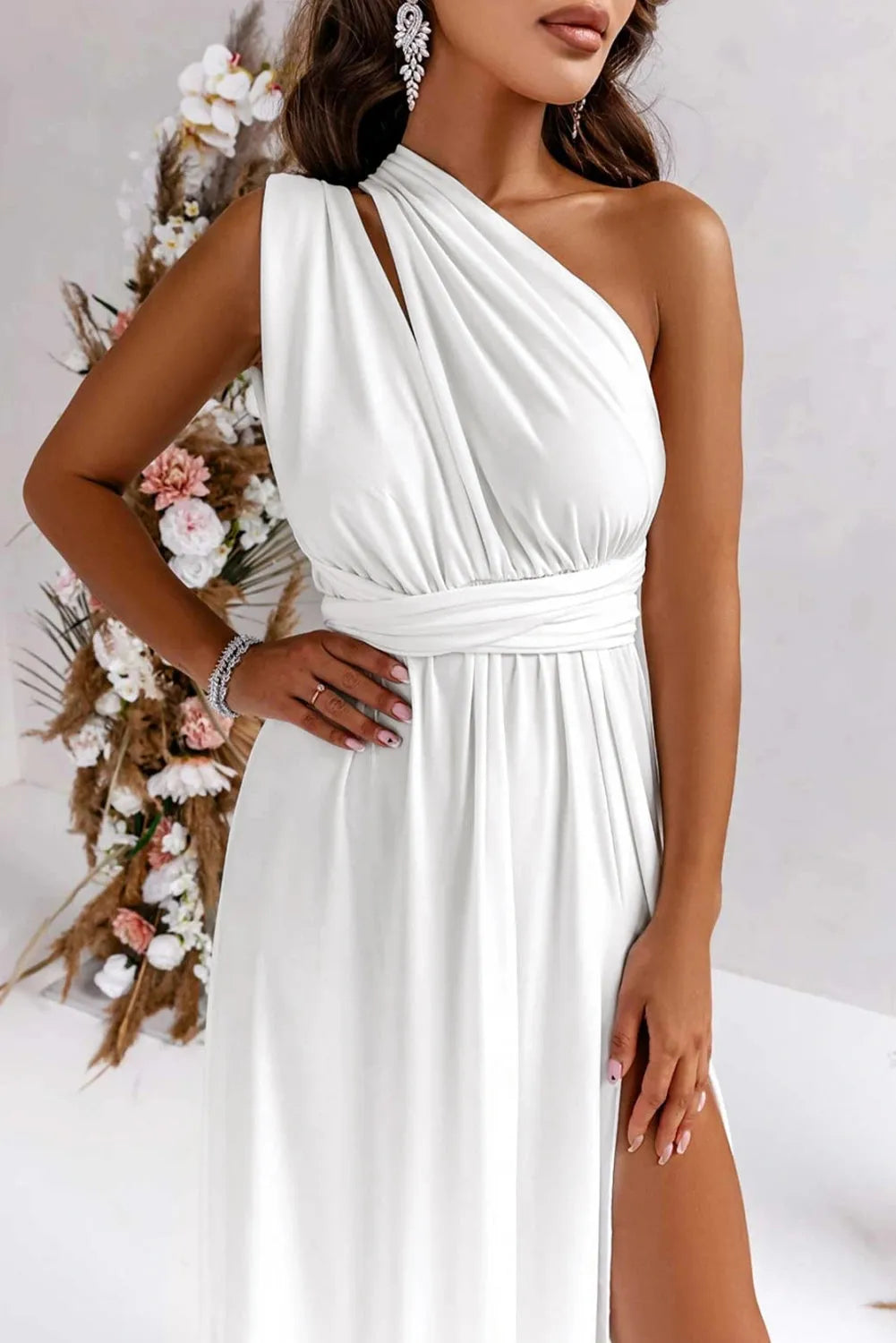 White Sleeveless Ruched High Split Cutout Back Maxi Dress - Chic Meadow Boutique 