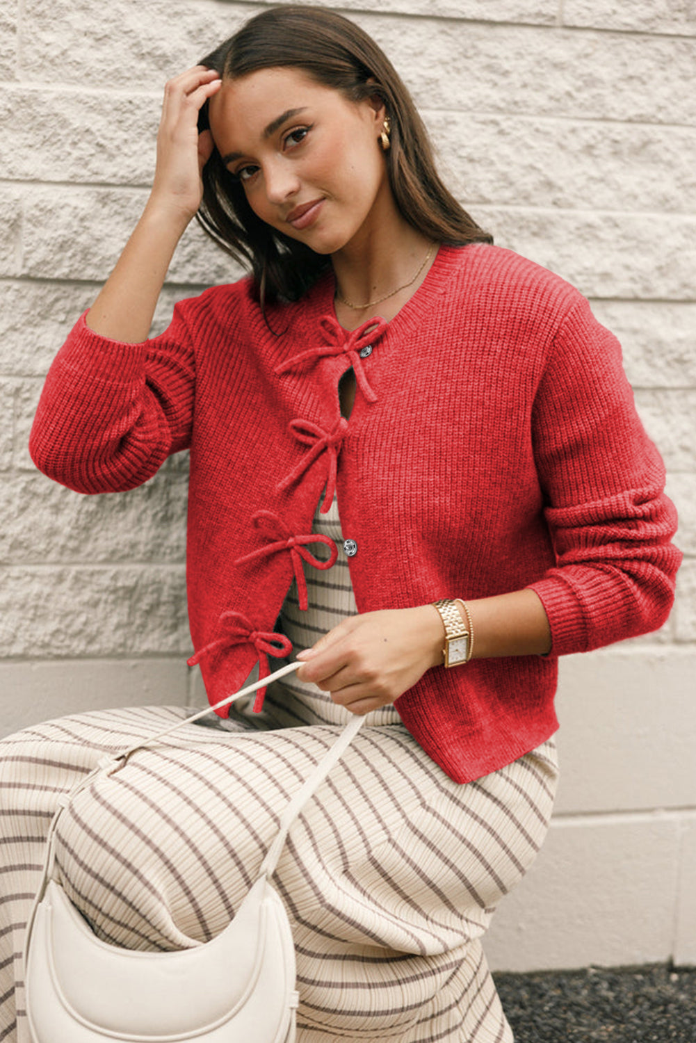 Fiery Red Ribbed Knit Bow Front Buttoned Cardigan