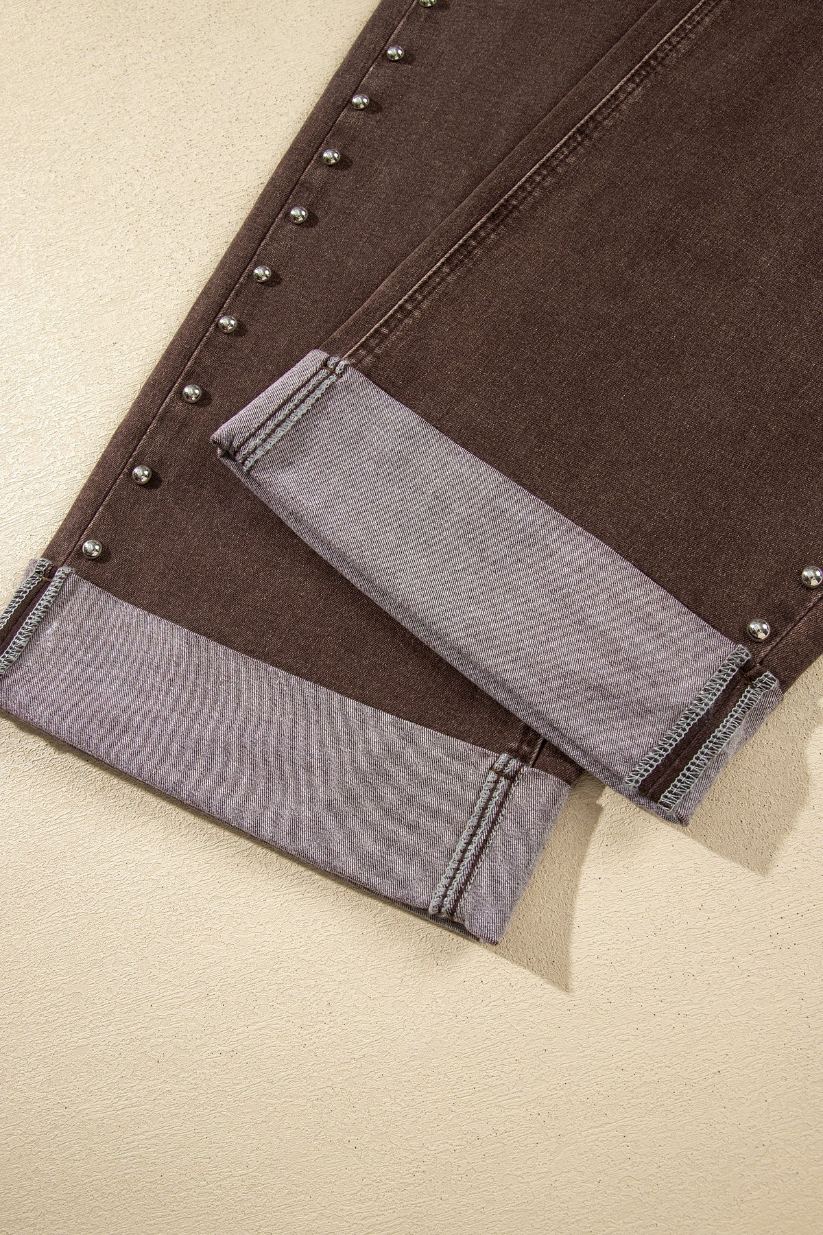 Coffee Studded Detail Straight Leg Casual Loose Jeans