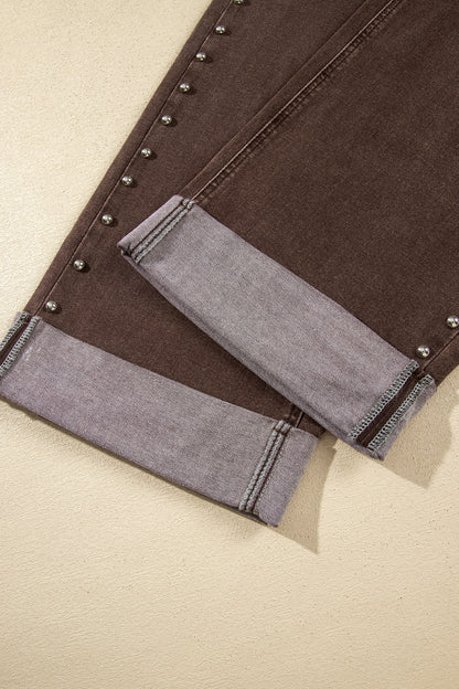 Coffee Studded Detail Straight Leg Casual Loose Jeans