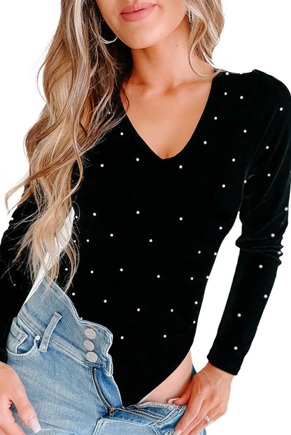 Black Velvet Beaded Long Sleeve V Neck Bodysuit - Chic Meadow Boutique 