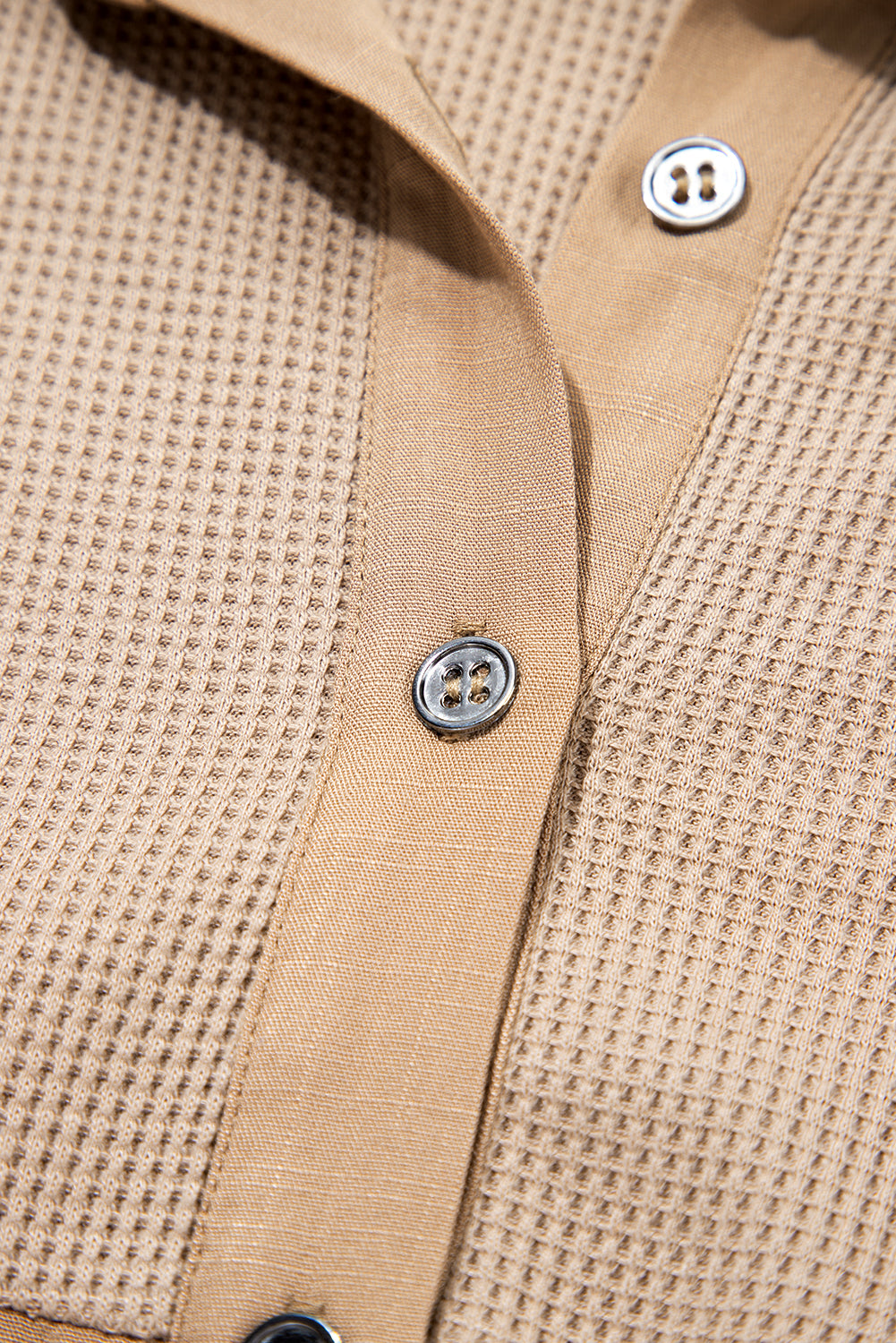 Light French Beige Waffle Patchwork Button Up Frayed Hem Shirt