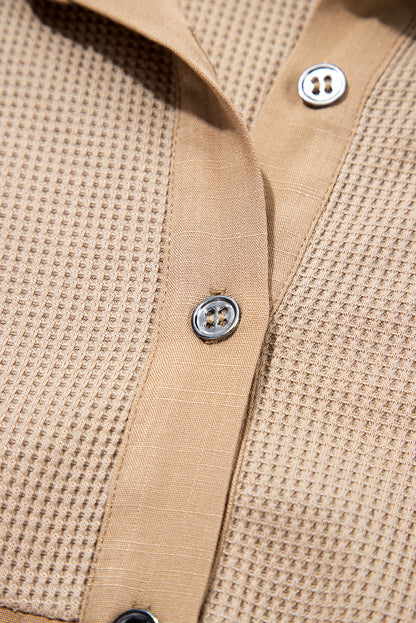 Light French Beige Waffle Patchwork Button Up Frayed Hem Shirt