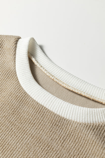 Beige Contrast Color Trim Knit Drop Shoulder Loose Top