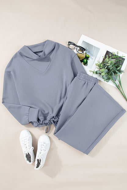 Dusk Blue Solid Color Cowl Neck Drawstring Pullover Wide Leg Athleisure Pants Set