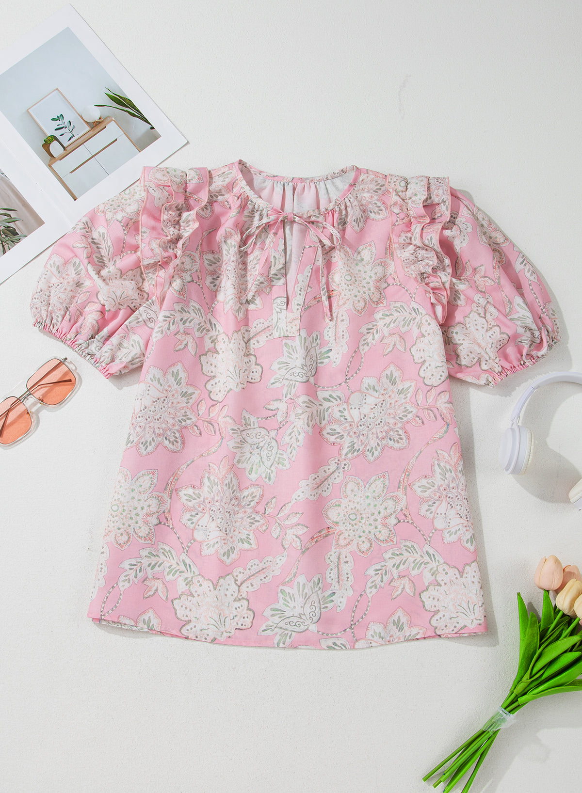 Pink Floral Print Drawstring V Neck Puff Sleeve Loose Blouse
