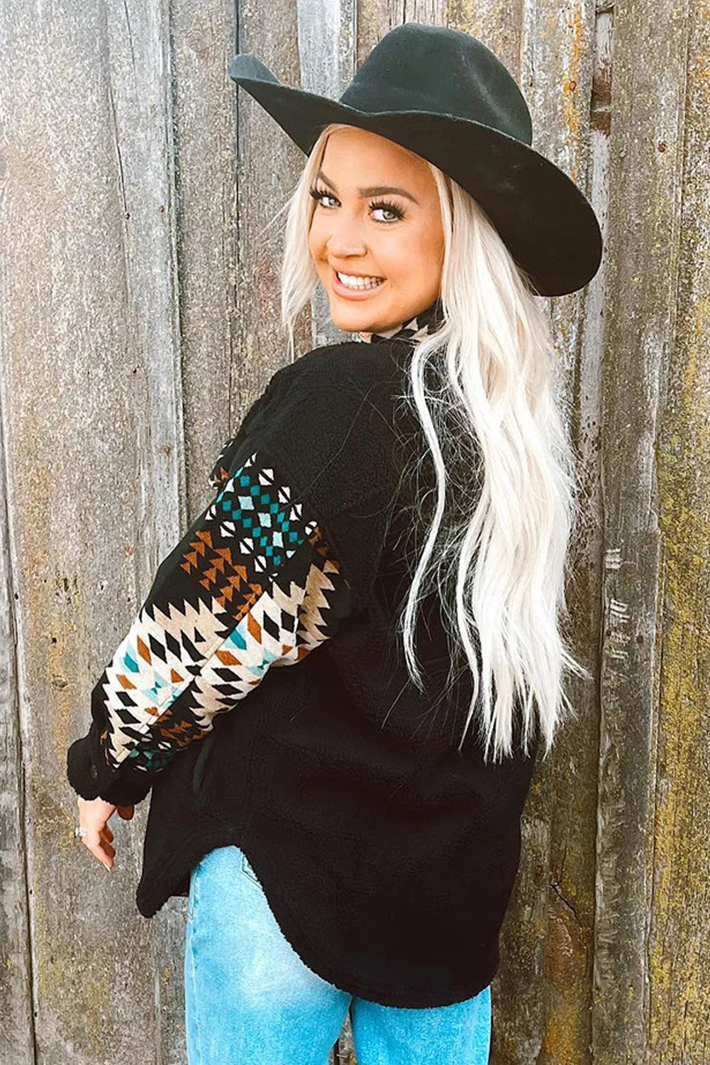 Black Western Aztec Print Accent Fleece Shacket - Chic Meadow Boutique 