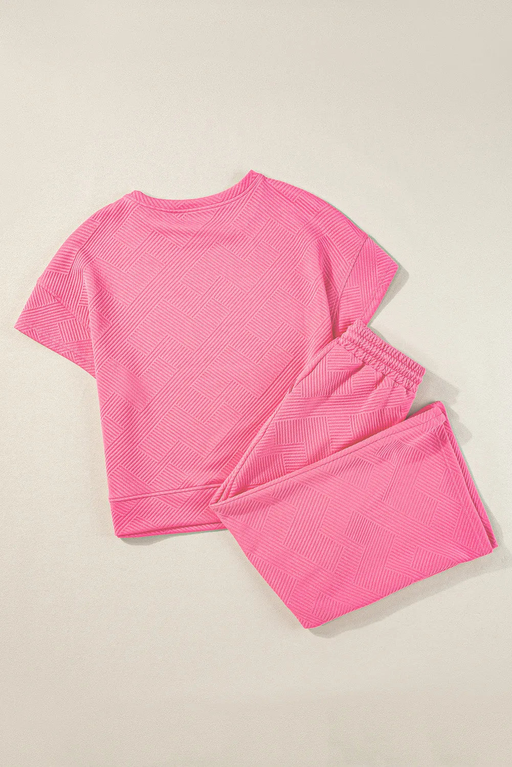 Strawberry Pink Textured Loose Fit T Shirt and Drawstring Pants Set - Chic Meadow Boutique 