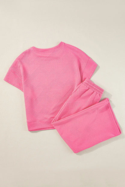 Two Piece Sets/Pant Sets Strawberry Pink Textured Loose Fit T Shirt and Drawstring Pants Set