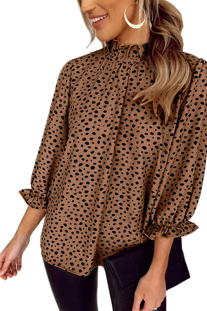 Brown Frilled Neck 3/4 Sleeves Cheetah Blouse - Chic Meadow Boutique 