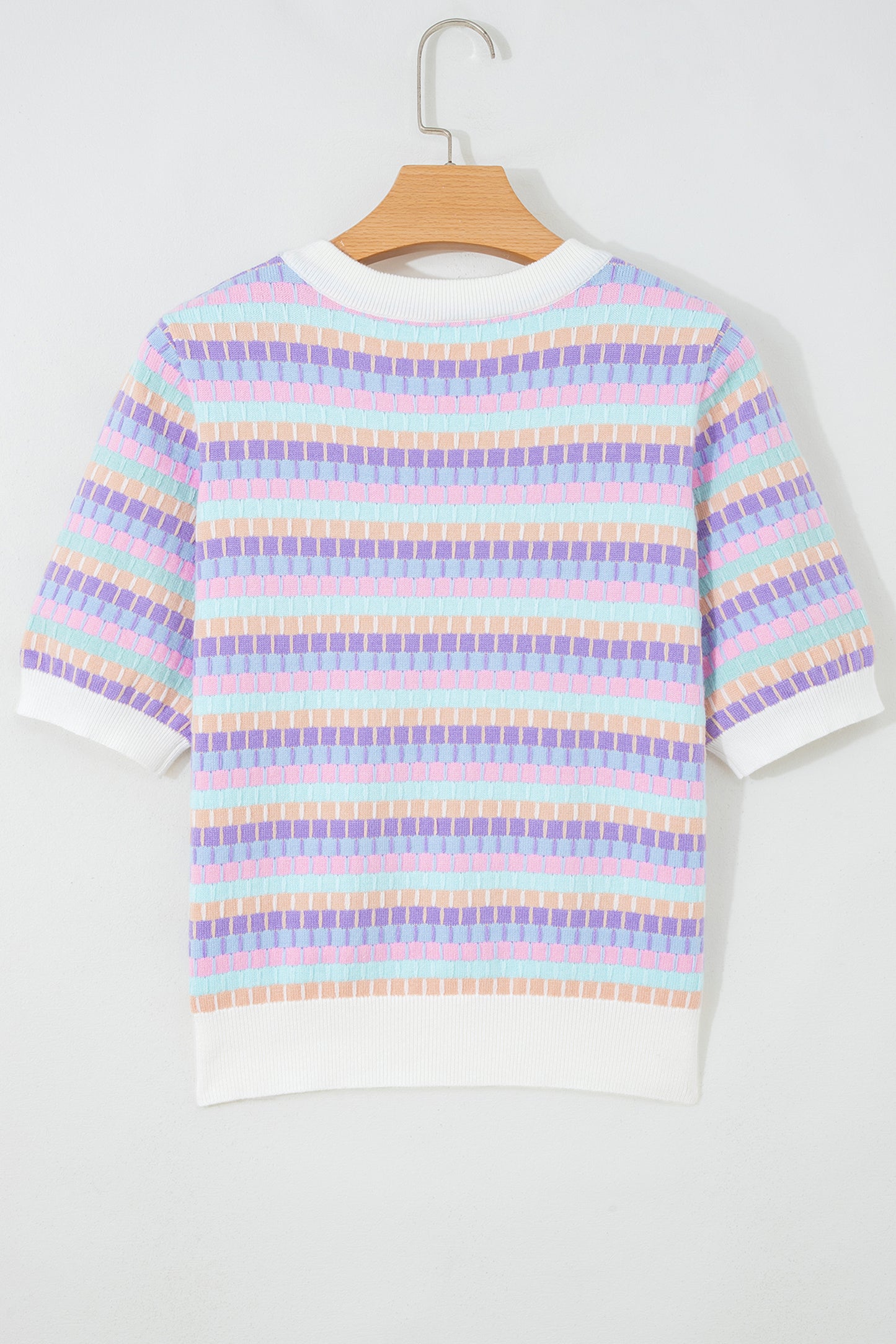 Purple Abstract Striped Knit Short Sleeve Sweater
