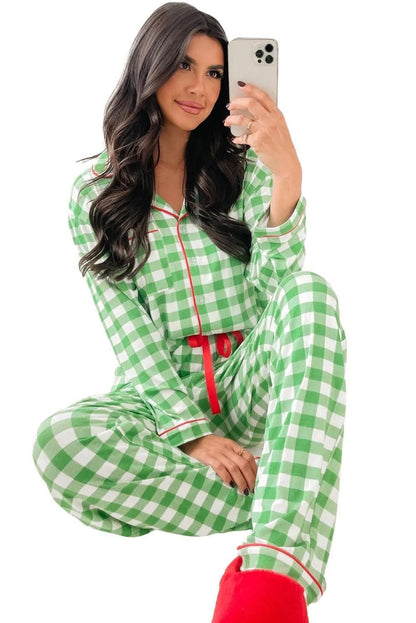 Loungewear & Sleepwear/Sleepwear Light Green Christmas Plaid Print Shirt and Pants Pajama Set