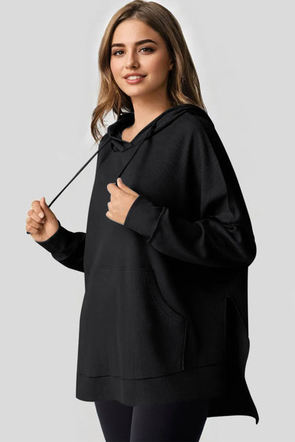 Black Waffle Knit Fleece Lined High Low Oversized Hoodie - Chic Meadow Boutique 